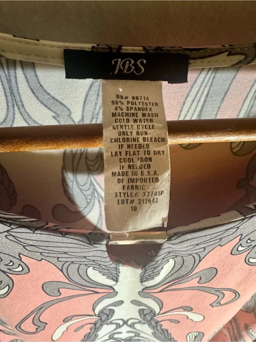 JBS Pink & Grey Paisley 3/4 Sleeve Dress – Metal Neck Detail – Size 10